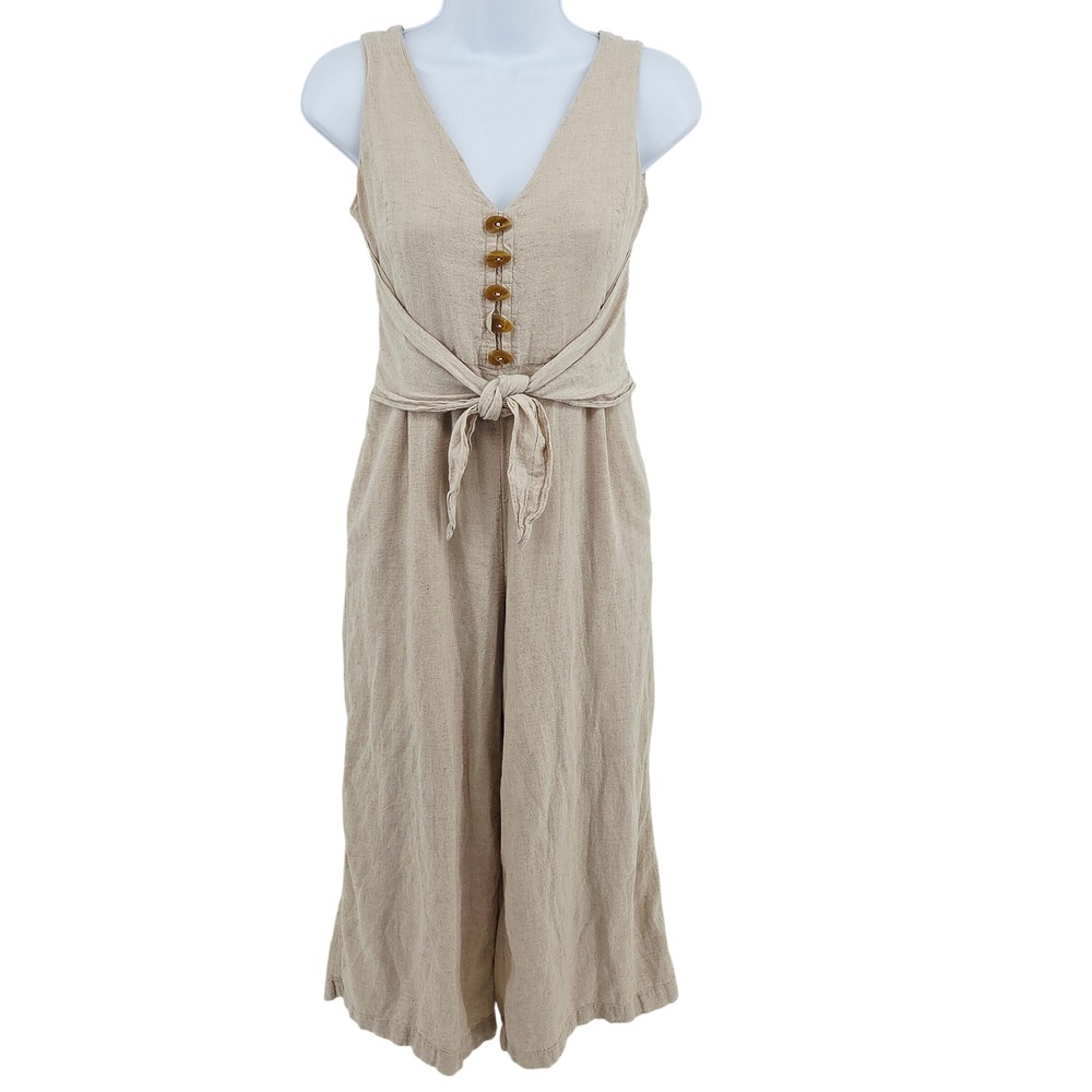 Maeve Anthropologie Women 6P Getaway Beige Linen Blend Wide Leg Crop Jumpsuit